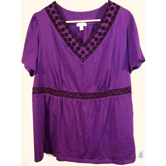 Ellos Purple V-Neck Short Sleeve Blouse With Embroidered Trim - Picture 1 of 3